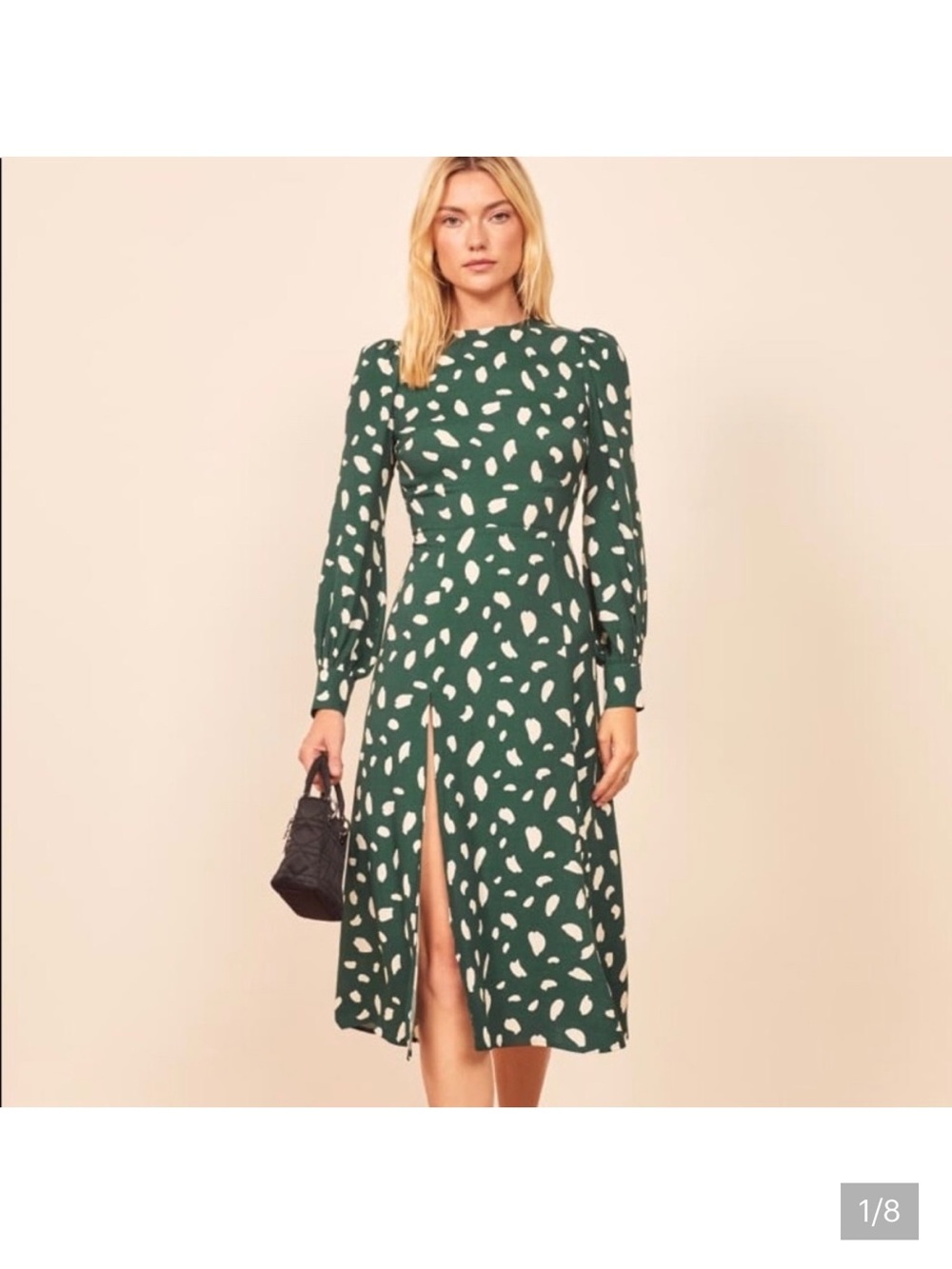 Reformation Forest Green Printed Long-Sleeve Midi Dress with Front Slit